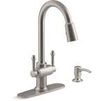 Thierry Two Handle Pull-Down Sprayer Kitchen Faucet with Soap Dispenser in Vibrant Stainless by Kohler - Like New
