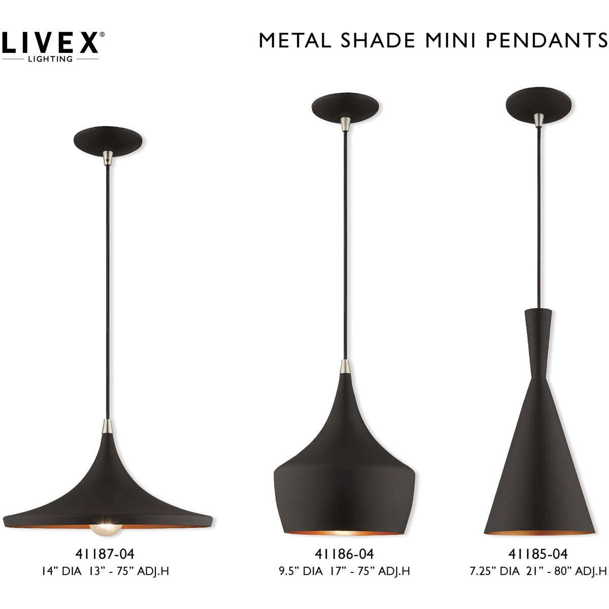 Livex Lighting 41187-04 Metal Shade - 14" One Light Mini Pendant, Black Finish with Black Metal/Gold Shade