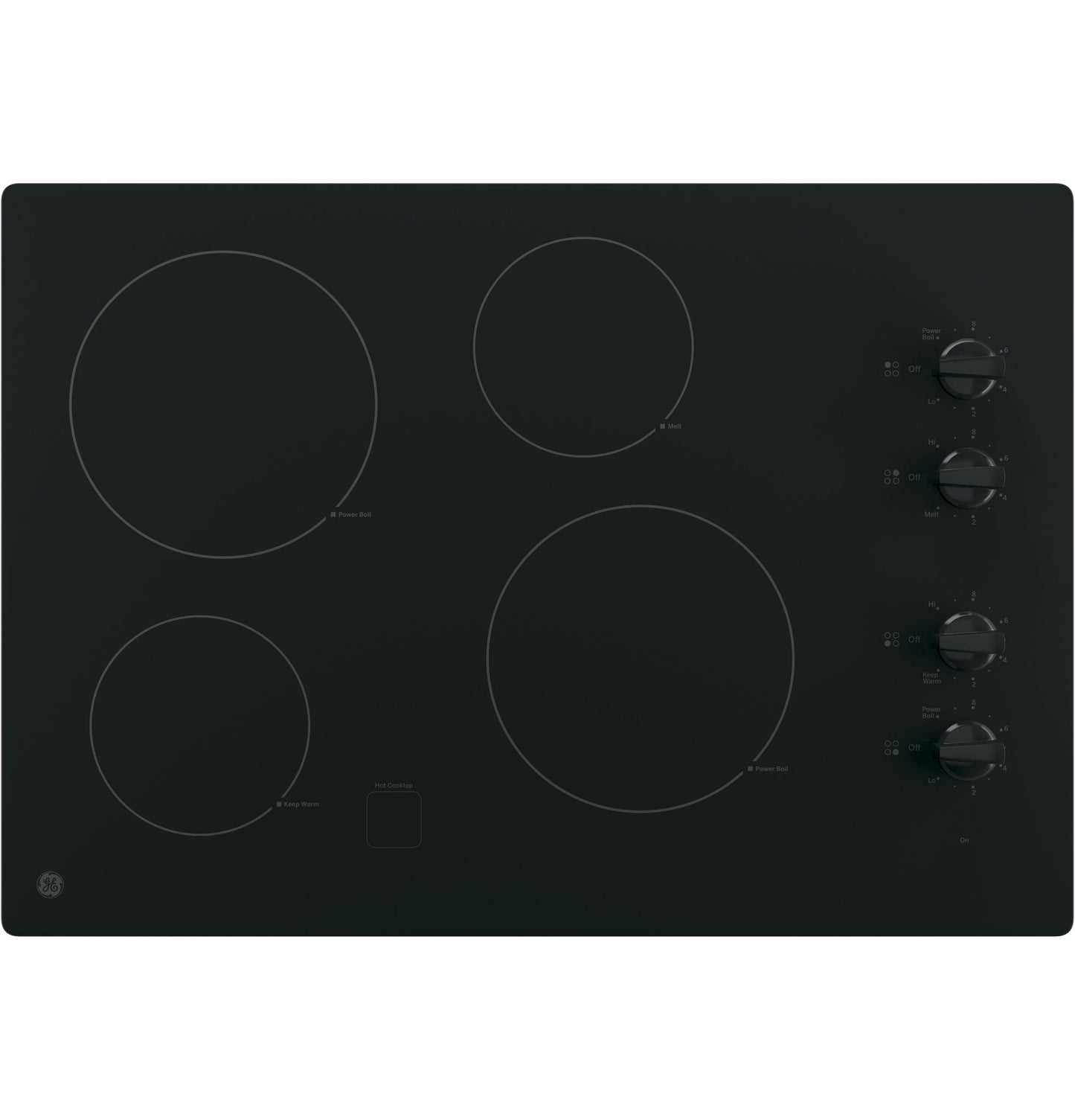 GE JP3030DJBB 30 Inch Smoothtop Electric Cooktop with 4 Radiant Elements, Knob Controls, Keep Warm Melt Setting, Black