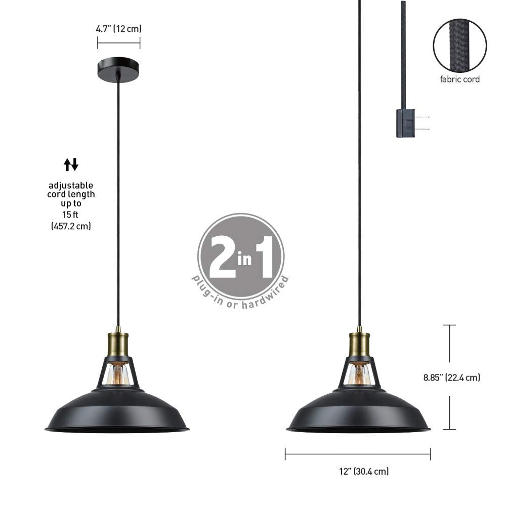 Globe Electric Cleverly Exposed Robin 1-Light Plug-in or Hardwire Pendant, Satin Finish, Antique Brass Accents, 15ft Black Woven Fabric Cord, in-Line On/Off Rocker Switch 65712, 180",Satin Black