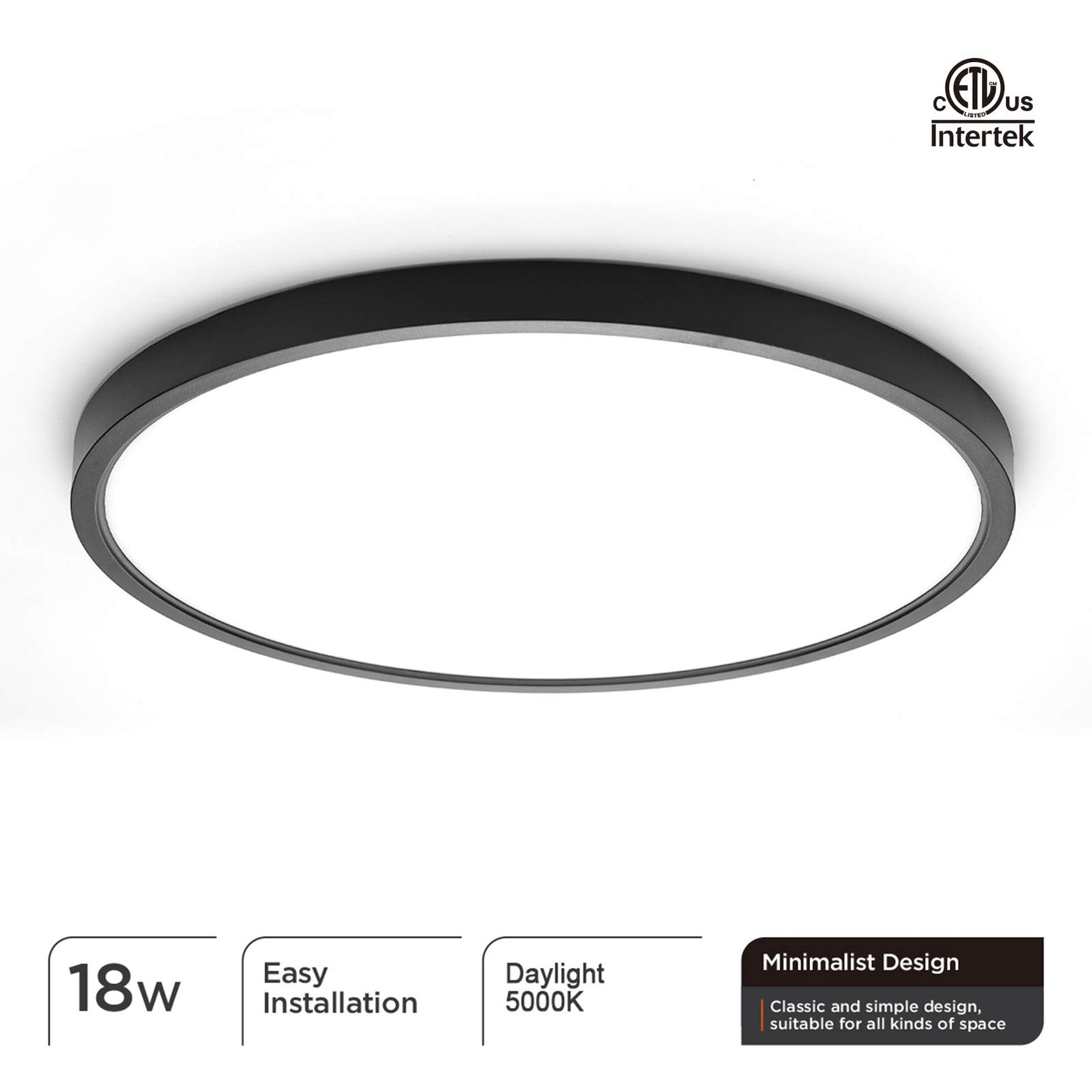 TALOYA LED Flush Mount Ceiling Light 5000k 8.9inch Round Black 18w=180w(Equivalent) Simple Lamp for Bedroom Hallway Kitchen Gallery Low Ceilings Areas, ETL Listed - Like New