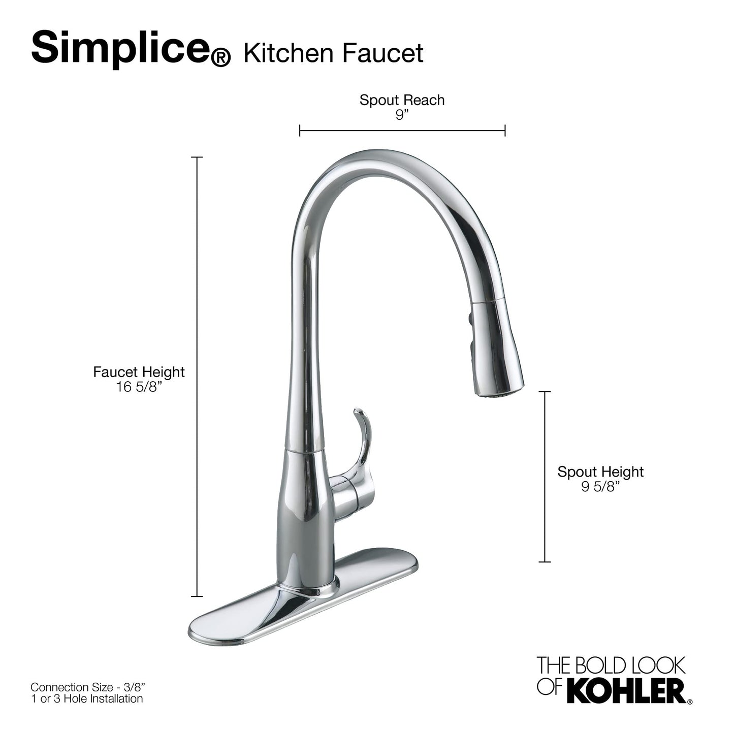 KOHLER 596-VS Simplice Pull Down Kitchen Faucet, 3-Spray Faucet, Kitchen Sink Faucet with Pull Down Sprayer, Vibrant Stainless, High Arch - Very Good