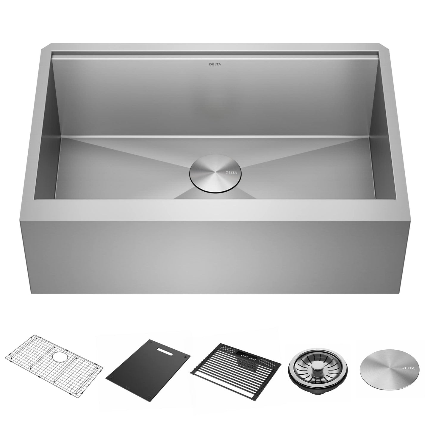 DELTA FAUCET Rivet 30-inch Workstation Farmhouse Apron Front Kitchen Sink Undermount 16 Gauge Stainless Steel Single Bowl with WorkFlow Ledge and Kit of 5 Accessories, 95C9031-30S-SS - Like New