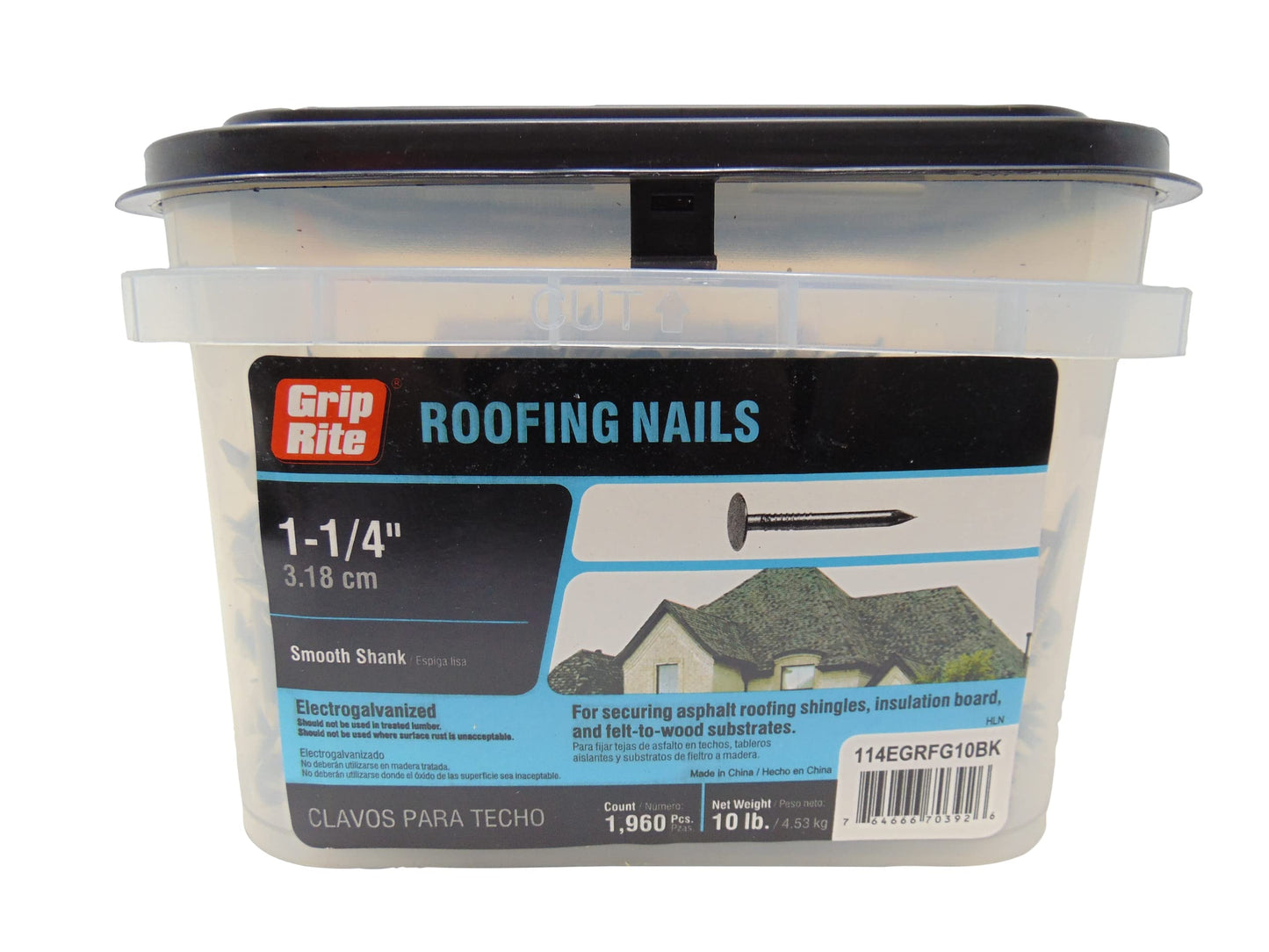 Grip Rite 114EGRFG10BK 1-1/4-inch Electro Galvanized Smooth Shank Bulk Roof Nails 1,960 count, 10lbs.