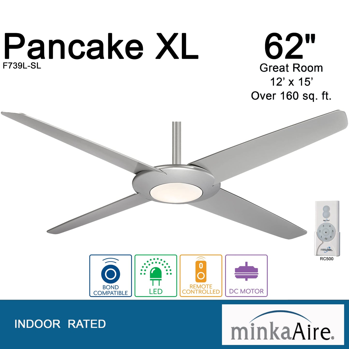 MINKA-AIRE F739L-SL Pancake XL 62 Inch LED Ceiling Fan with DC Motor in Silver Finish - Like New