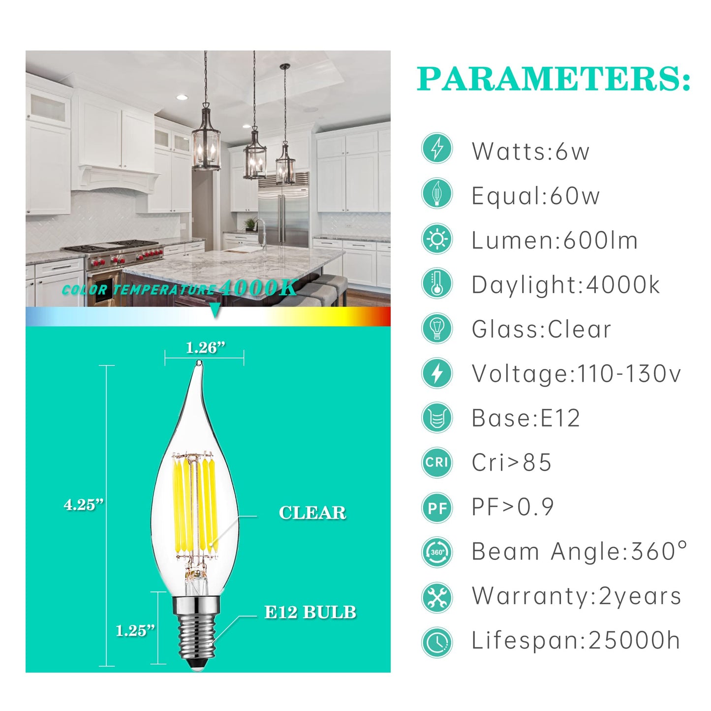 AMDTU 4000k LED Chandelier Light Bulbs,Dimmable E12 Daylight White,6w 60Watt Equivalent for Dining Room,Kitchen 6pack,LED Candelabra Light Bulbs