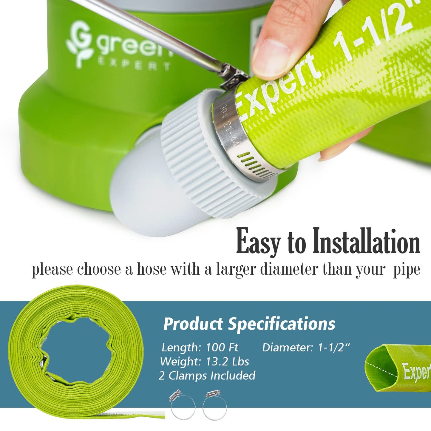 Green Expert 1-1/2" ID PVC Lay-Flat Discharge and Backwash Hose 100 Feet Heavy Duty Pool Hose with Clamps Easy Installation for Water Removal Compatible with Filters Pumps 527504