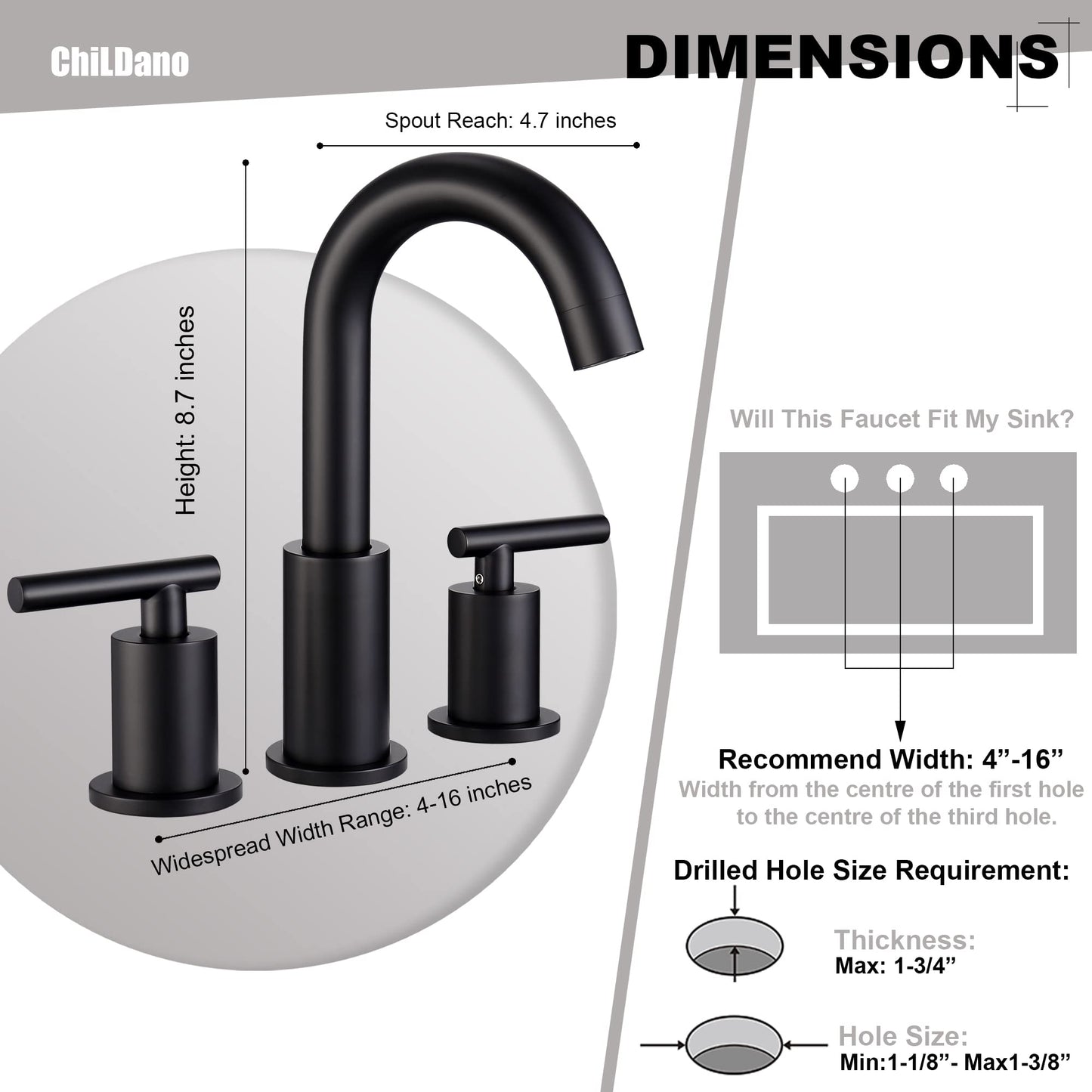 Bathroom Faucet Black with Pop Up Drain and Supply Hose, 8 Inch 2 Handles 3 Hole Widespread Bathroom Faucet, ChiLDano Black Matte Bathroom Faucet CH2183BK - Like New