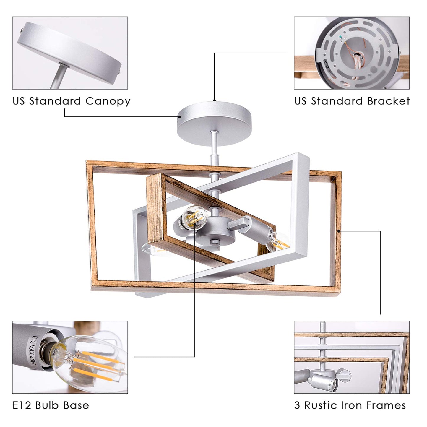 Dailyart Rotatable Ceiling Light, Rustic Ceiling Light with Adjustable Frame, Retro Vintage Industrial Flush Mount Ceiling Light for Farmhouse Living Room Bedroom Kitchen Dining Room Porch, 11.2"x16" - Like New
