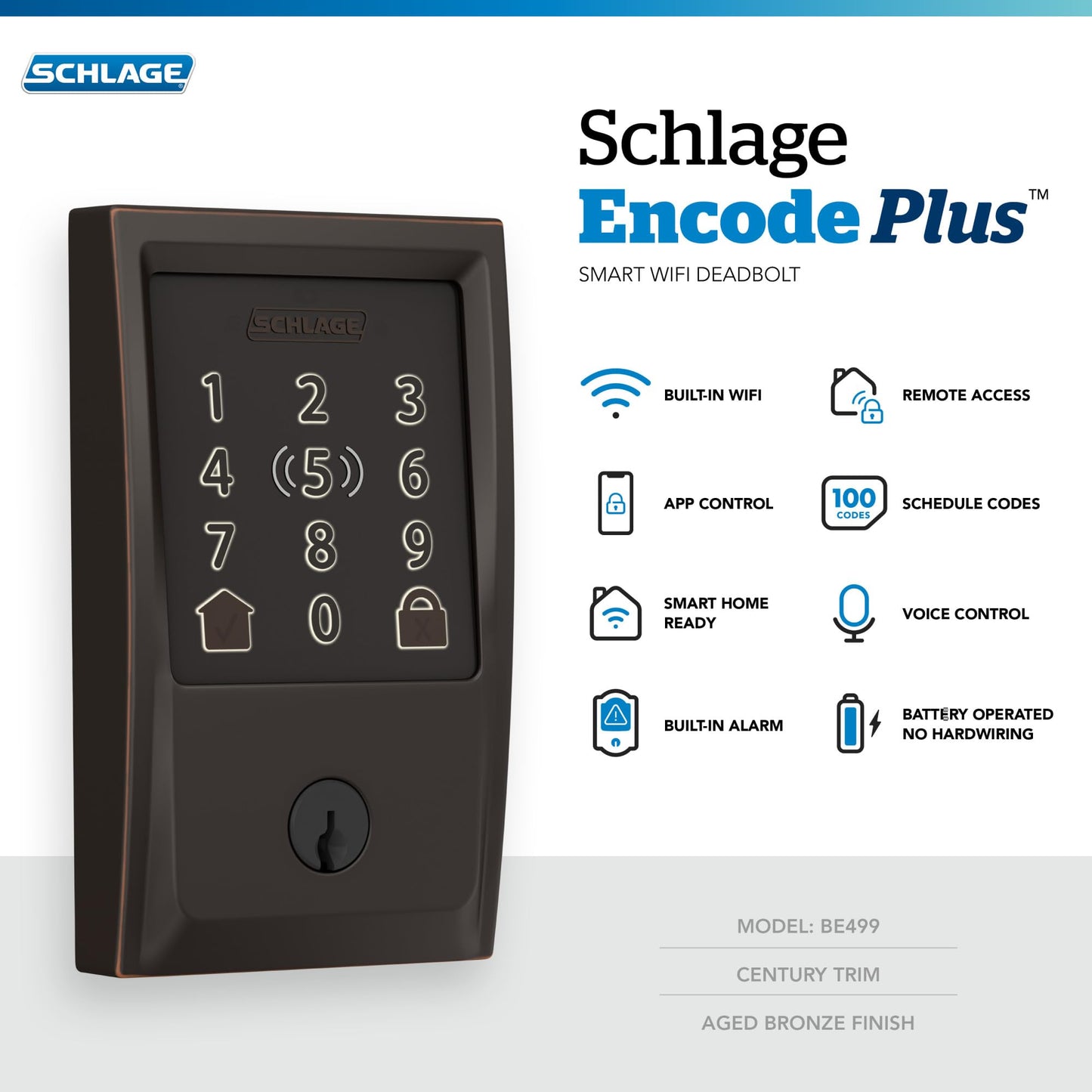 Schlage BE499WBCEN716 Encode Plus Century WiFi Deadbolt Smart Keyless Entry Touchscreen Door Lock, Aged Bronze
