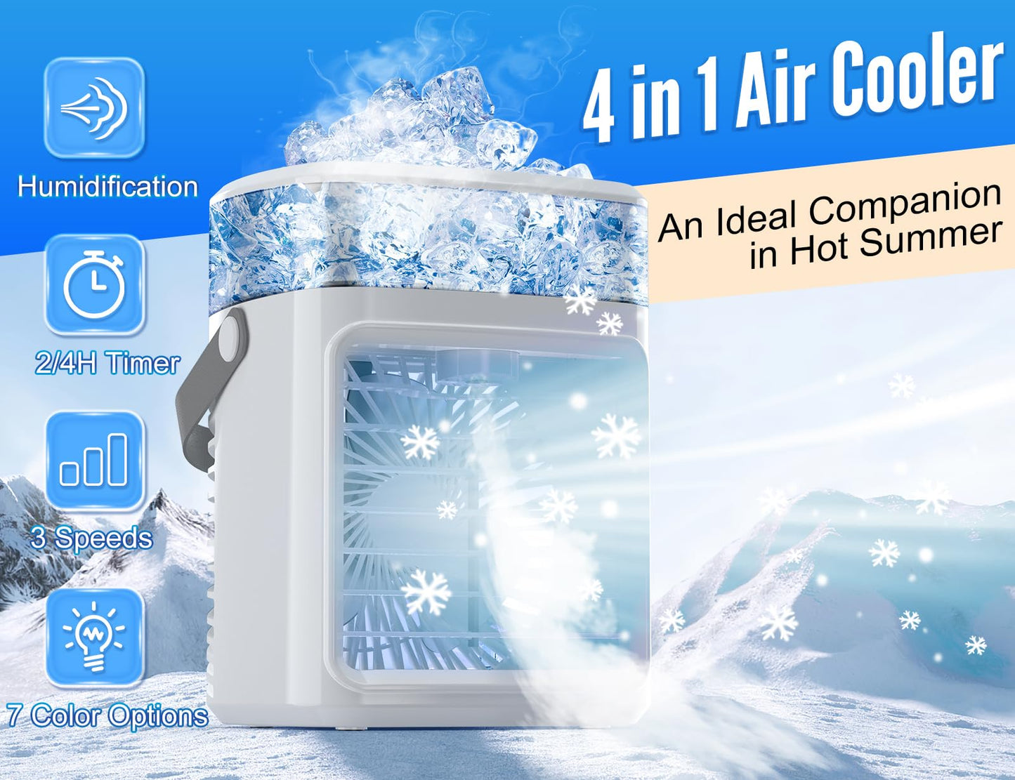 Portable Air Conditioner, 4 In 1 Rechargeable Personal Air Conditioner Cooling Fan, Quiet Evaporative Air Cooler Humidifier Cool Mist Fan with 3 Speeds 7 Colors for Home Office Bedroom Car Camping