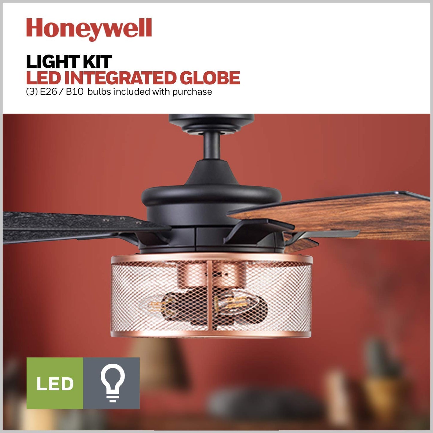 Honeywell Ceiling Fans Carnegie, 52 Inch Industrial Style Indoor LED Ceiling Fan with Light, Remote Control, Dual Mounting Options, 5 Dual Finish Blades, Reversible Airflow - 51459-01 (Copper)