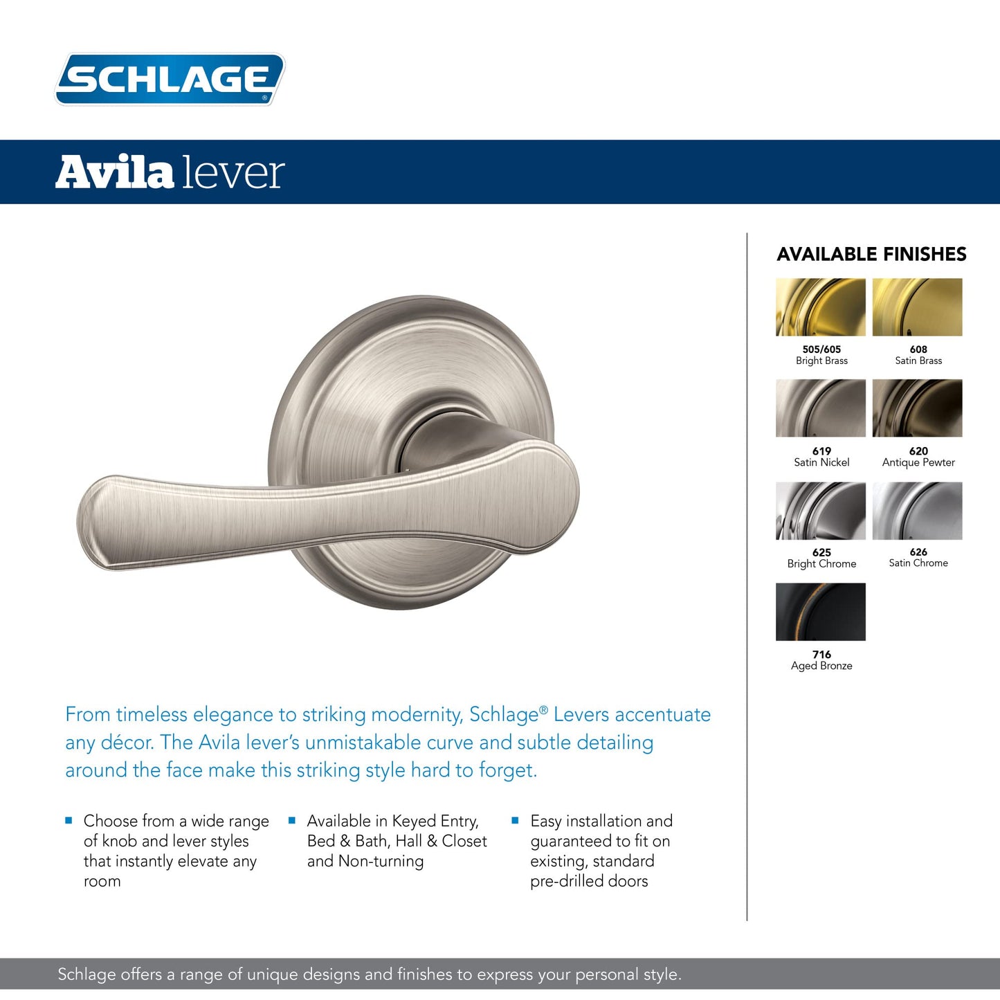 Schlage F40 VLA 619 Avila Door Lever, Bed & Bath Privacy Lock, Satin Nickel