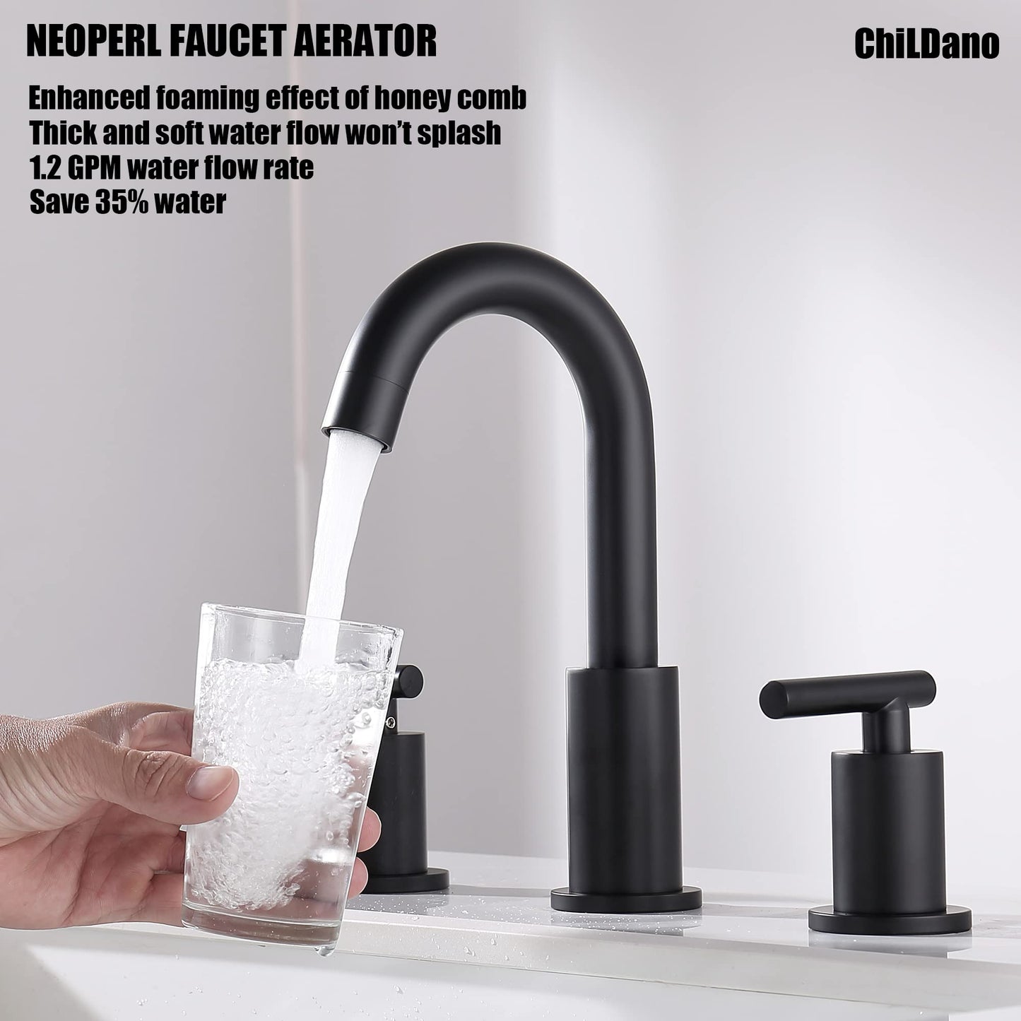 Bathroom Faucet Black with Pop Up Drain and Supply Hose, 8 Inch 2 Handles 3 Hole Widespread Bathroom Faucet, ChiLDano Black Matte Bathroom Faucet CH2183BK - Like New