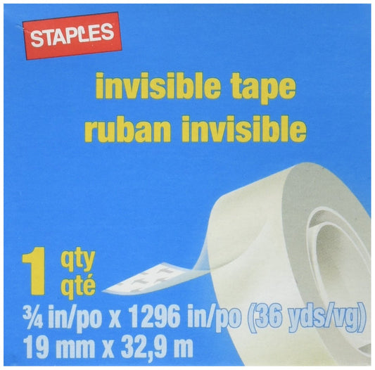 Staples Invisible Tape, 3/4" x 1296", 1" Core, 6 Pack