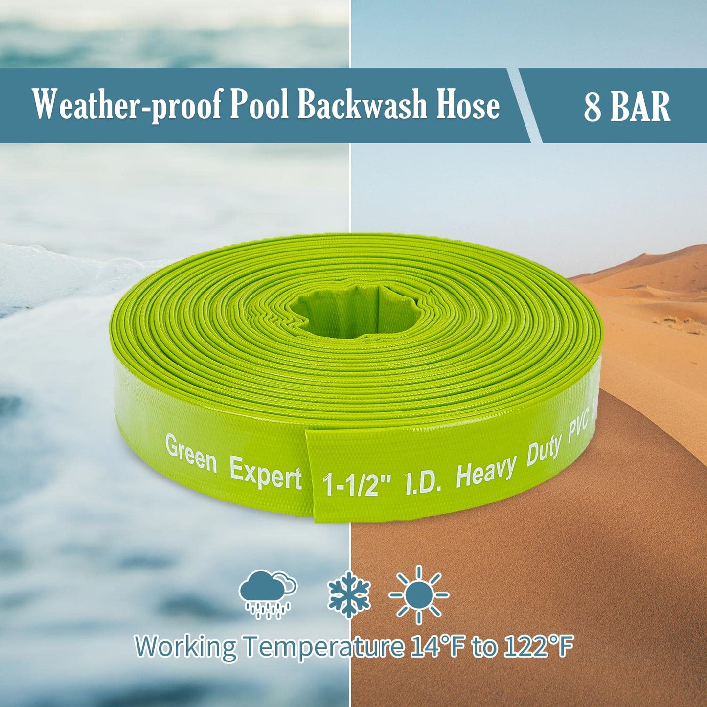 Green Expert 1-1/2" ID PVC Lay-Flat Discharge and Backwash Hose 100 Feet Heavy Duty Pool Hose with Clamps Easy Installation for Water Removal Compatible with Filters Pumps 527504