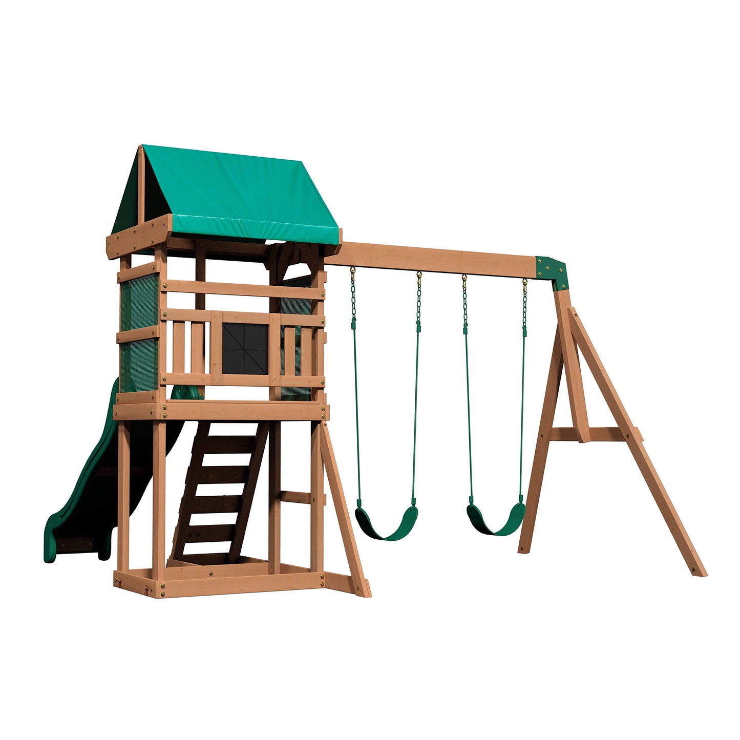 Backyard Discovery Buckley Hill Wooden Swing Set, Made for Small Yards and Younger Children, Two Belt Swings, Covered Mesh Fort with Canopy, Rock Climber Wall, 6 ft Slide Green - Like New