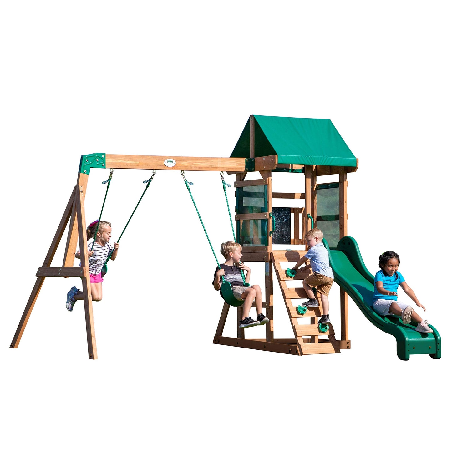 Backyard Discovery Buckley Hill Wooden Swing Set, Made for Small Yards and Younger Children, Two Belt Swings, Covered Mesh Fort with Canopy, Rock Climber Wall, 6 ft Slide Green - Like New