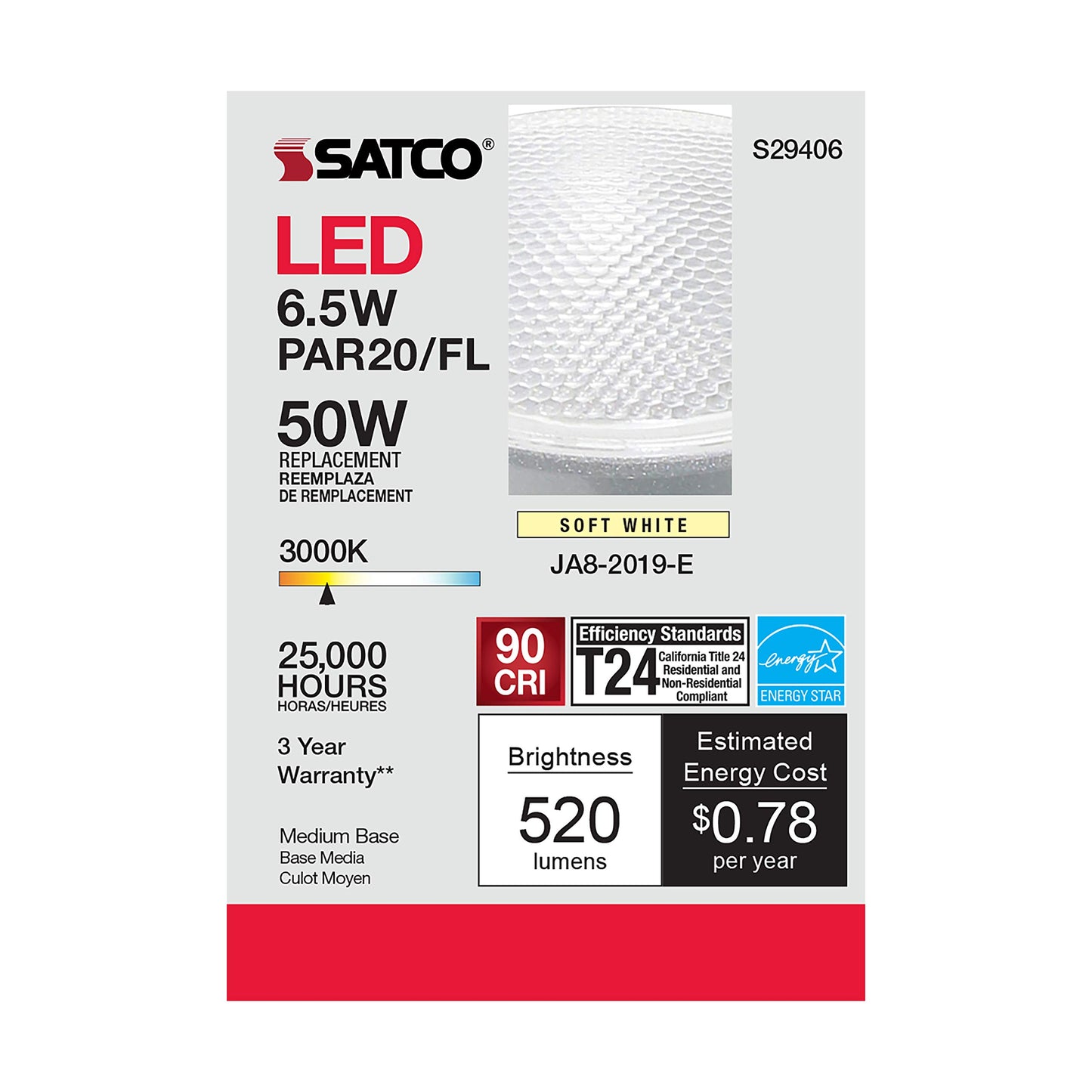 Satco S29406 6.5 Watt; PAR20 LED; 3000K; 120 Volt 6-Pack California Compliant Replaces S9406