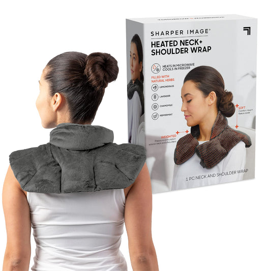 Heated Neck & Shoulder Wrap by Sharper Image - Microwavable Warm & Cooling Plush Pad with Aromatherapy (100% Natural Lavender & Herb Spa Blend) - Soothing Muscle Pain & Tension Relief Therapy - Gray - Like New