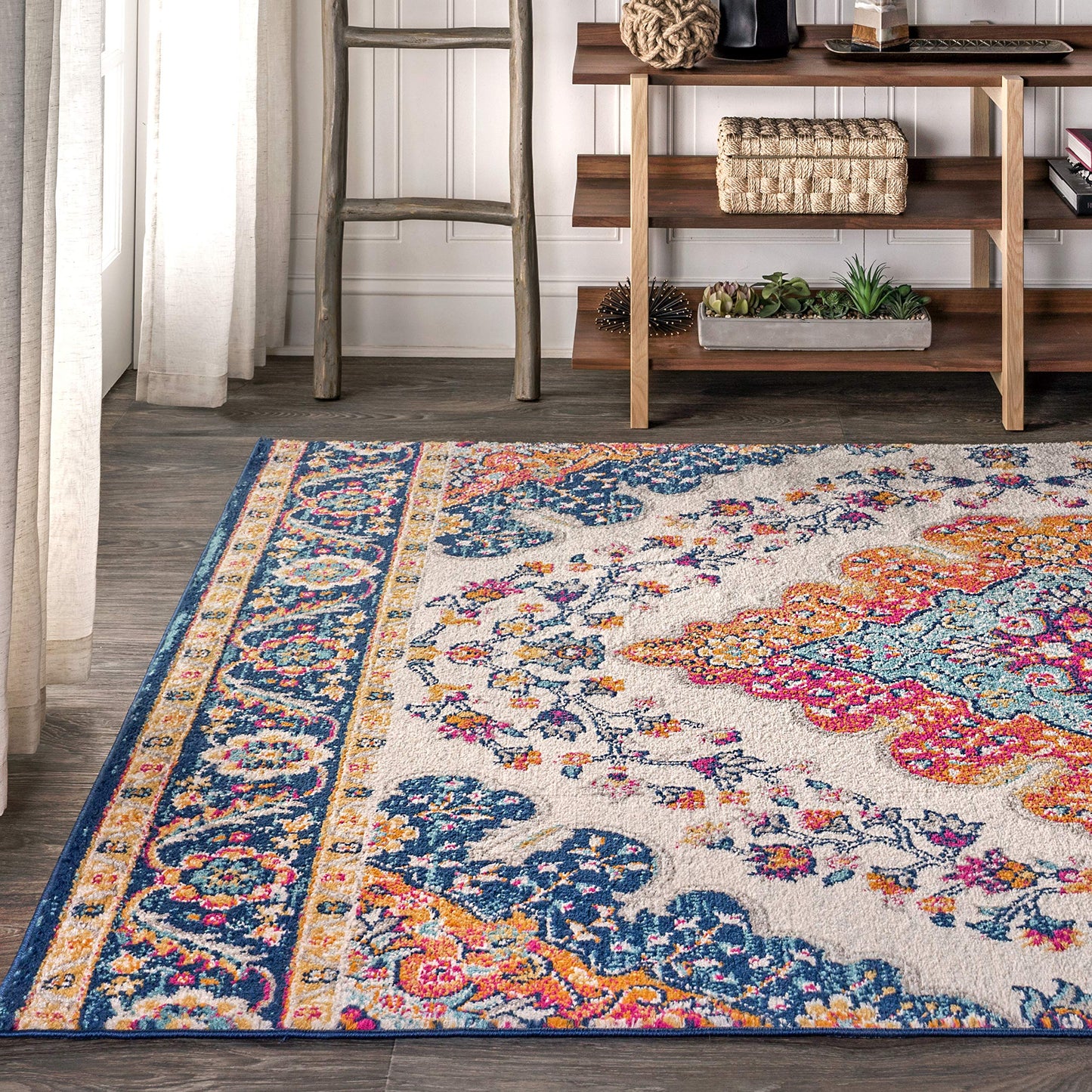 JONATHAN Y BMF106A-8 Bohemian Flair Boho Vintage Medallion Blue/Multi 8 ft. x 10 ft. Area-Rug, Vintage, Easy-Cleaning, for Bedroom, Kitchen, Living Room, Non Shedding
