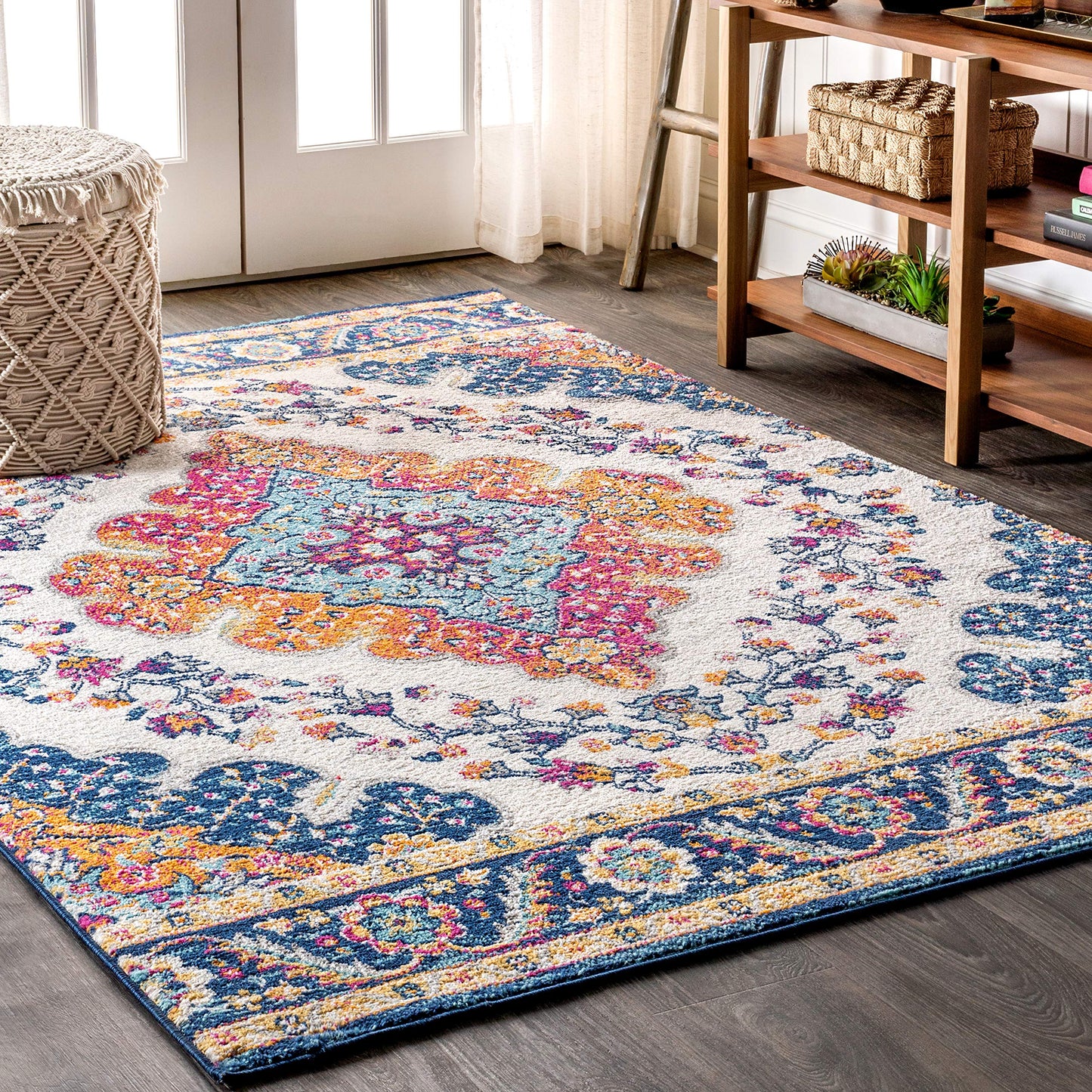 JONATHAN Y BMF106A-8 Bohemian Flair Boho Vintage Medallion Blue/Multi 8 ft. x 10 ft. Area-Rug, Vintage, Easy-Cleaning, for Bedroom, Kitchen, Living Room, Non Shedding